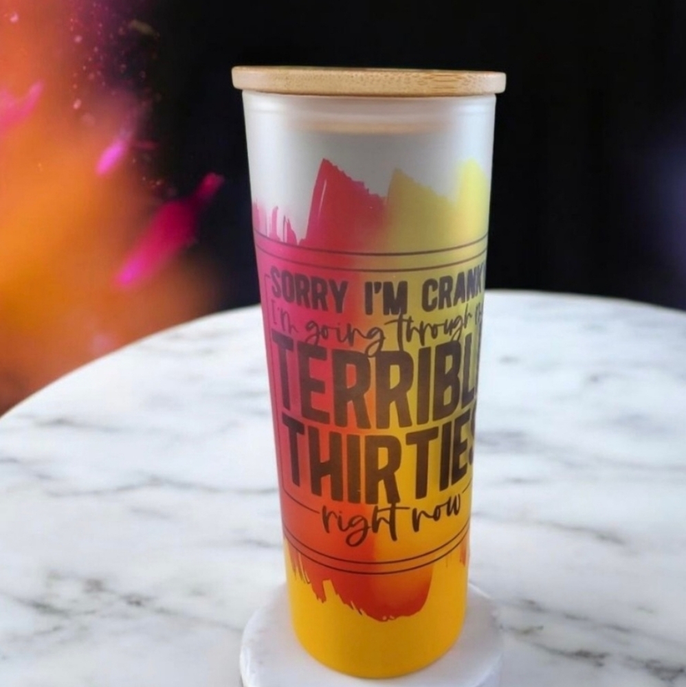 TERRIBLE THIRTIES 20oz Gradient Yellow Glass Tumbler with duo lids 🎉sale